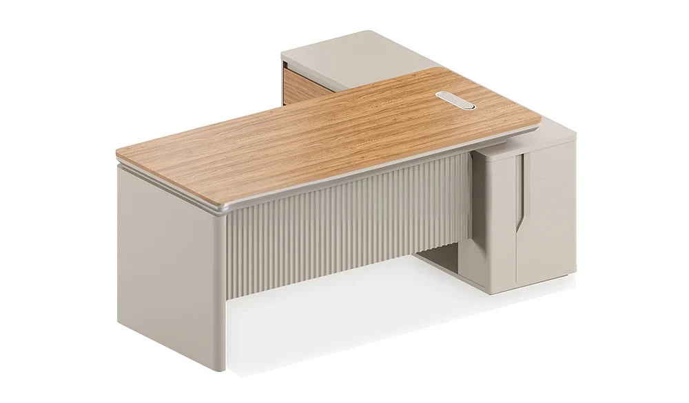 Director L-Shape Office Table Luxury Design and side Unit with Side unit, Wire Management, and Golden Sandal Wood & Seagull Gray
