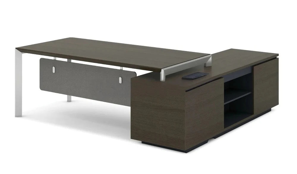 Director L-Shape Table Luxury Modern Office Desk with Made in MDF and Drawers & Storage Wire Management Dark Oak & Carbon Gray
