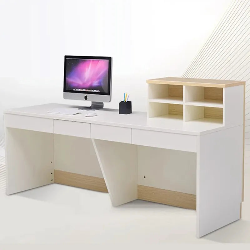 Reception Table for Office Counter Stylish Design Made in MDF and Multi Drawers & Round Wire Manager - Off White Color