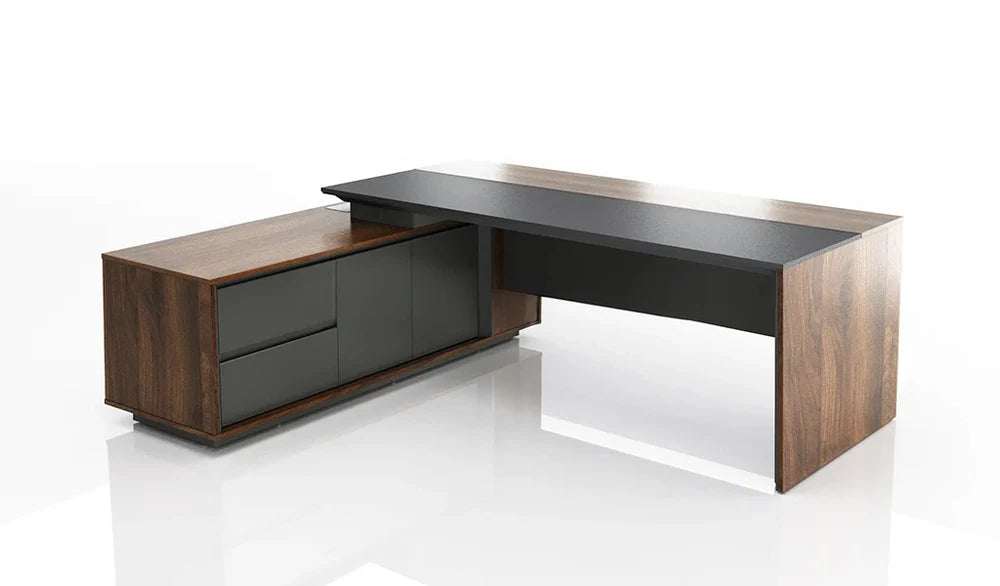 Director L-Shape Table Luxury Modern Office Desk with MDF & Walnut Laminate, Side unit Storage & Inbuilt Power Box