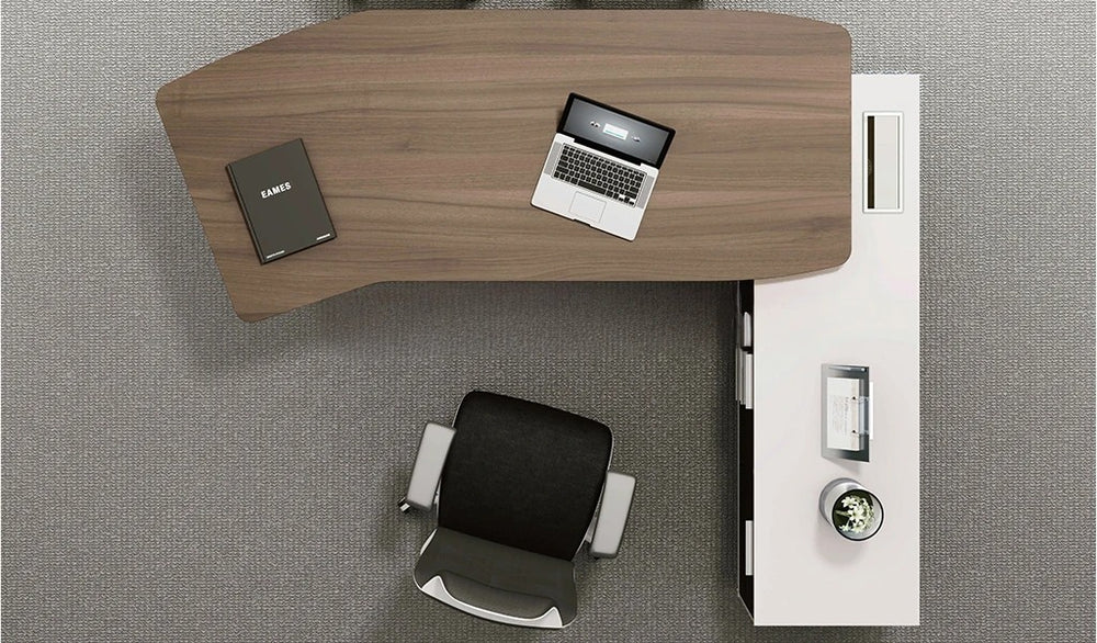 Director L-Shape Office Table Luxury Design and side unit Ergonomic Curved Top and Wire Manager & Metal Legs