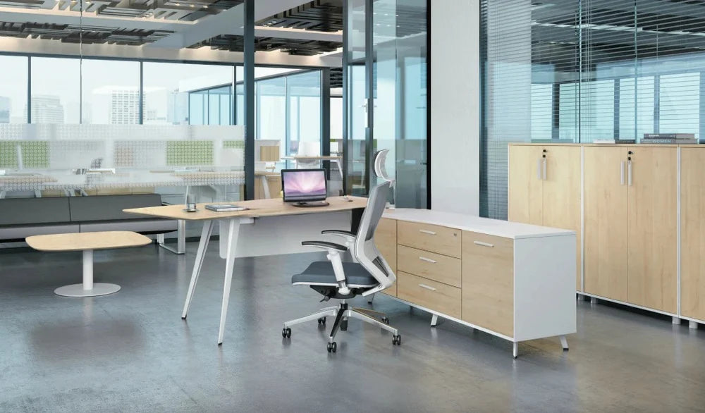 Director L-Shape Table Luxury Modern Office Desk with Made in MDF and Drawers and Storage Space & Steel Legs in White Powder Coated Finish