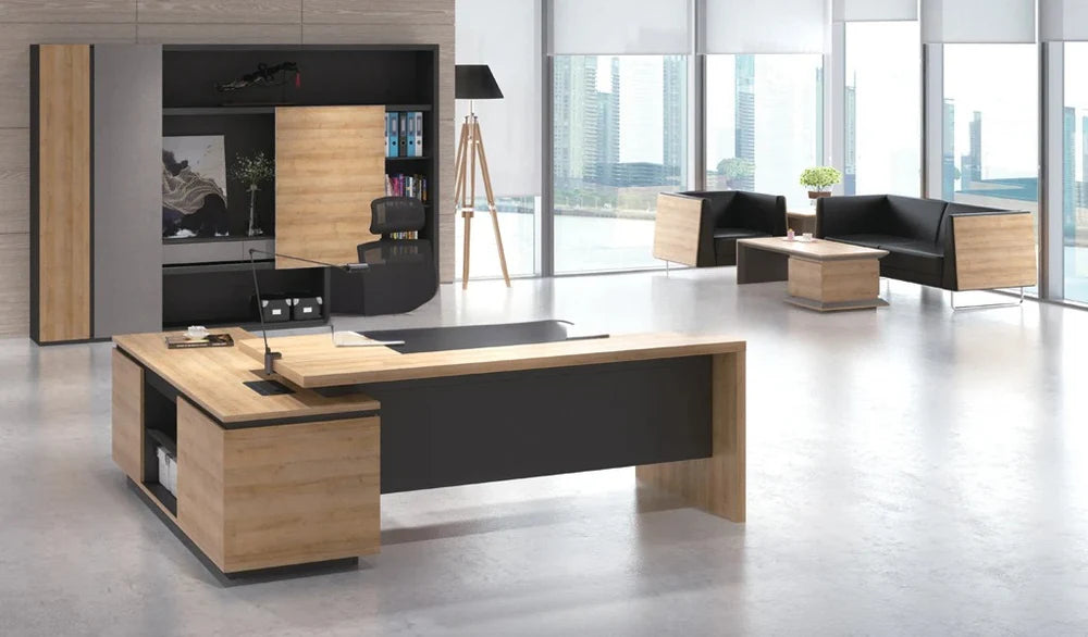 Luxury Director L-Shape Office Table and Side Unit with Side Unit , Wire Management, and Charcoal Black Panel
