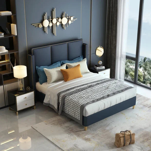 Luxury Blue King Size Bed, Leatherette Upholstered Plywood Frame