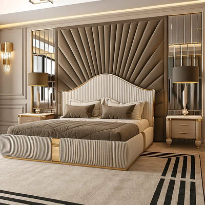 King Size Bed high-headboard with gold  modern interiors and villas, with optional storage