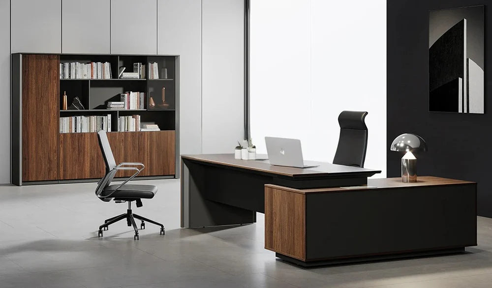 Director L-Shape Table Luxury Modern Office Desk with MDF & Walnut Laminate, Side unit Storage & Inbuilt Power Box