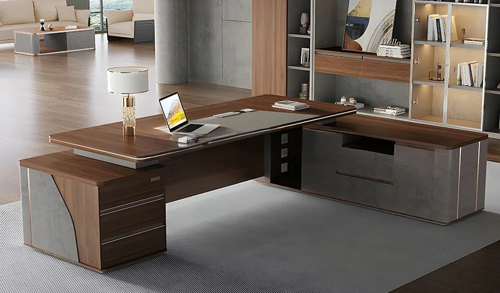 Luxury Design Director L-Shape Office Table Multi Function integrated Wire box & CEO Perfect for Spacious Cabin