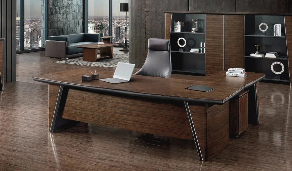 Director L-Shape Office Table Luxury Design Made in MDF with Wire manager, Side Unit and Drawers, storage