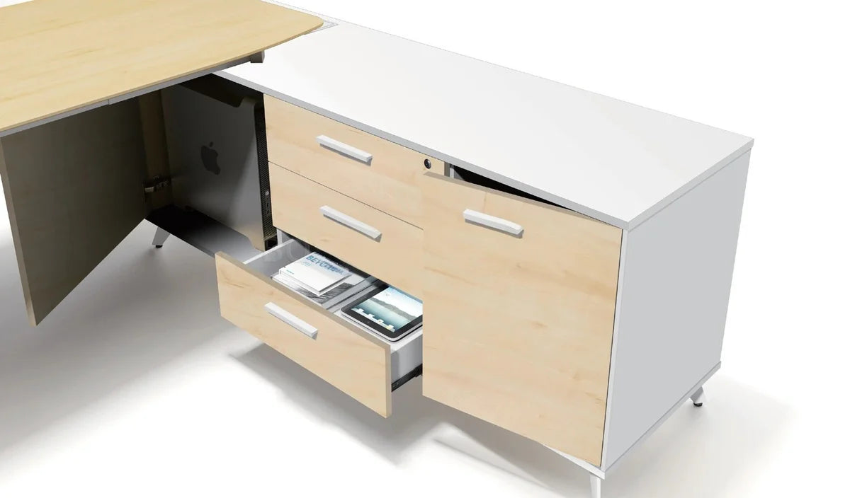 Director L-Shape Table Luxury Modern Office Desk with Made in MDF and Drawers and Storage Space & Steel Legs in White Powder Coated Finish