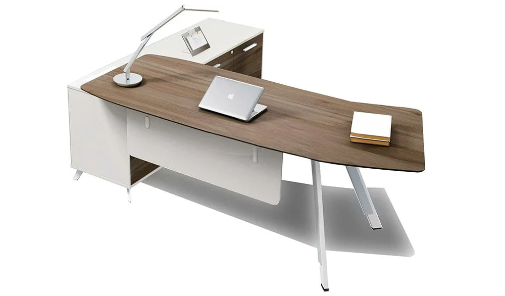 Director L-Shape Office Table Luxury Design and side unit Ergonomic Curved Top and Wire Manager & Metal Legs