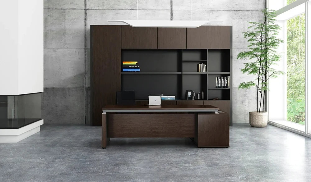 Director L-Shape Table Luxury Modern Office Desk with Made in Plywood and Dark Oak Veneer Wire Management