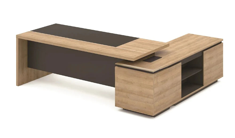 Luxury Director L-Shape Office Table and Side Unit with Side Unit , Wire Management, and Charcoal Black Panel