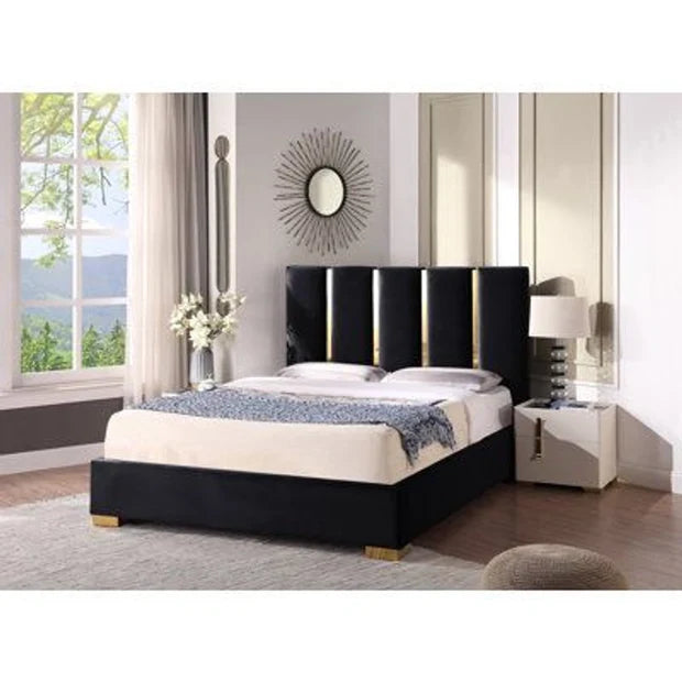 Luxury Black; Gold King Size Bed – Upholstered High Headboard, Sleek Metal Legs