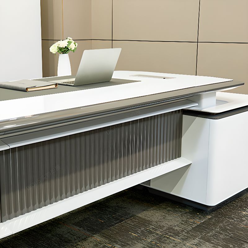 Director L-Shape Office Table Luxury Desk Made in Plywood with Veneer Reversible Orientation, Wire Manager, and CPU Storage