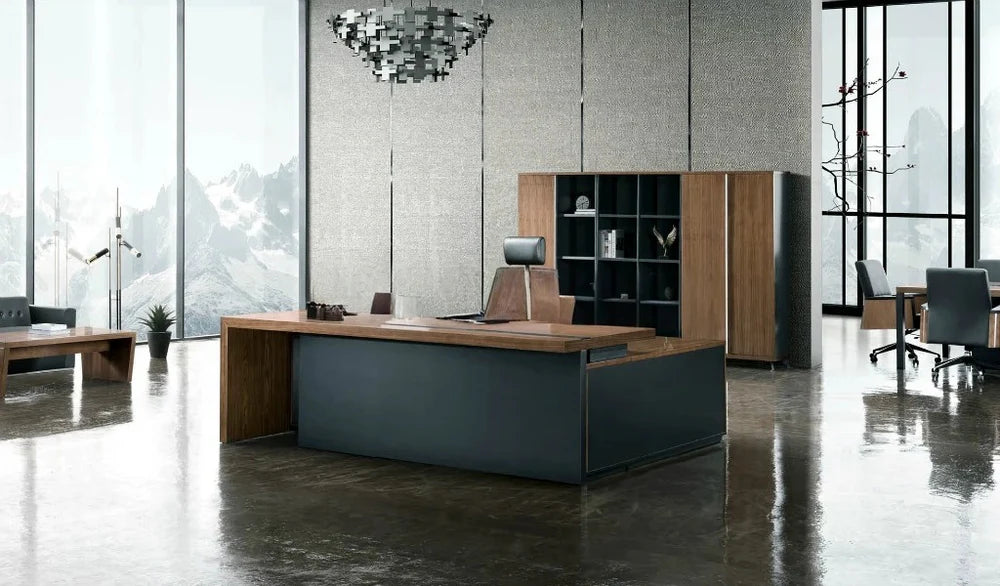Director L-Shape Table Luxury Modern Office Desk Made in Plywood with Side unit drawers and Openable Storage & Pedestal
