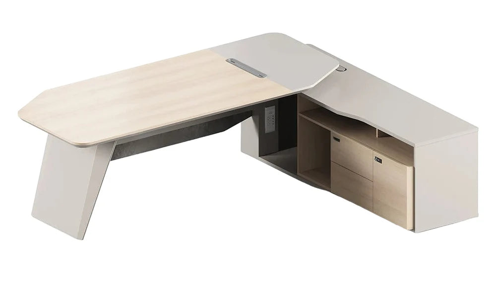 Director L-Shape Table Luxury Modern Office Desk with Made in MDF and Drawers, Shelves, and CPU Storage Space & White, Seagull Gray Finish