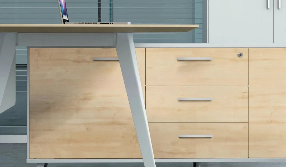 Director L-Shape Table Luxury Modern Office Desk with Made in MDF and Drawers and Storage Space & Steel Legs in White Powder Coated Finish