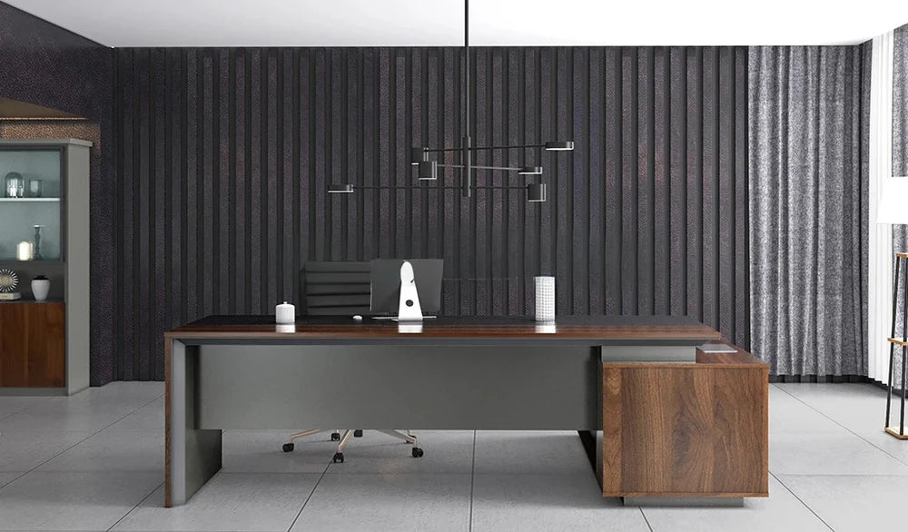 Director L-Shape Table Luxury Modern Office Desk with MDF & Walnut Laminate, Side unit Storage & Inbuilt Power Box