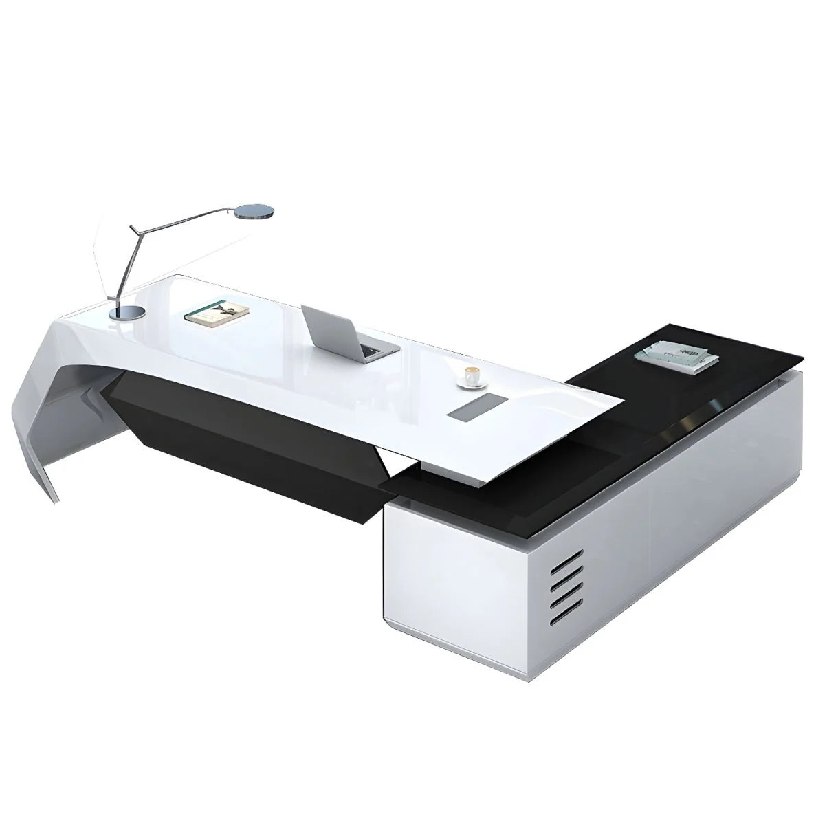 Director & Executive L-Shape Office Table Luxury Desk Made in MDF with Side Unit Drawer and Storage Wire Manager & CPU Storage