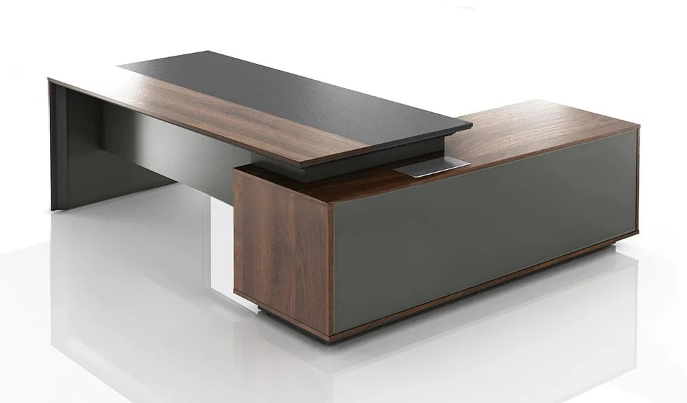 Director L-Shape Table Luxury Modern Office Desk with MDF & Walnut Laminate, Side unit Storage & Inbuilt Power Box