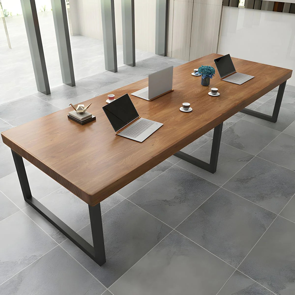 Meeting and Conference Rectangular Office Table Top Made in Solid Wood with Polish and Base in MS Metal Legs with Black Powder Coating
