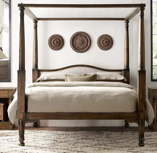 Wodden Bed – Handcrafted  Solid Wood Frame, Footboard, Four-Poster Design, Walnut Finish