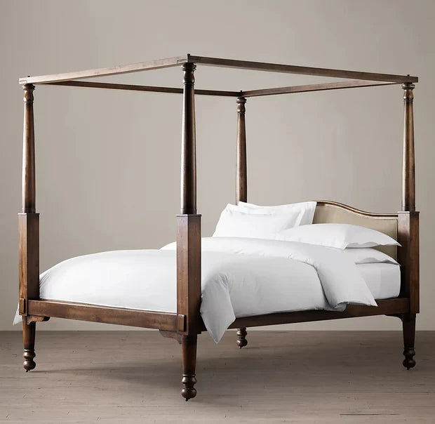 Wodden Bed – Handcrafted  Solid Wood Frame, Footboard, Four-Poster Design, Walnut Finish