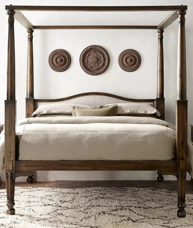Wodden Bed – Handcrafted  Solid Wood Frame, Footboard, Four-Poster Design, Walnut Finish