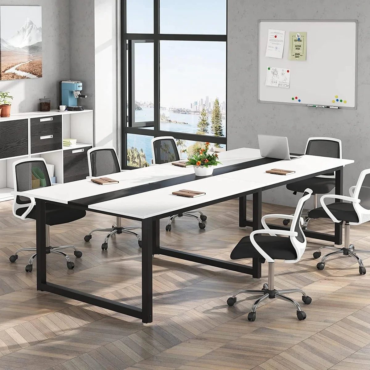 Conference & Meeting Room Table Finish In Black & White with Metal Base