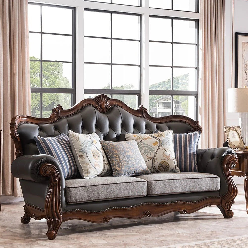 3-Seater Carving Sofa for Living Room PU Leatherette Upholstery and Hardwood Structure for Comfort and Premium Design