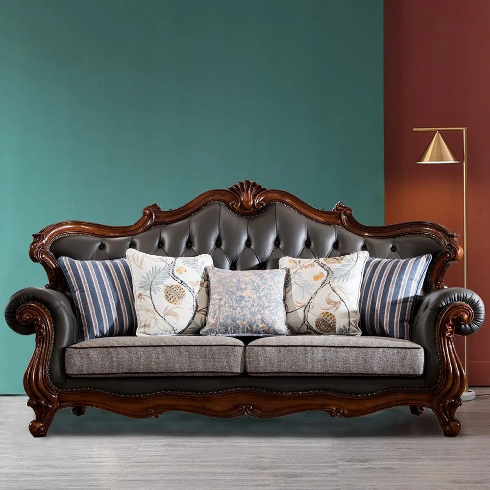 3-Seater Carving Sofa for Living Room PU Leatherette Upholstery and Hardwood Structure for Comfort and Premium Design