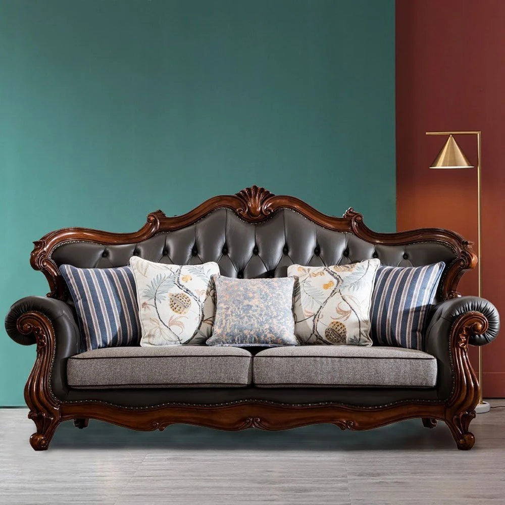 3-Seater Carving Sofa for Living Room PU Leatherette Upholstery and Hardwood Structure for Comfort and Premium Design