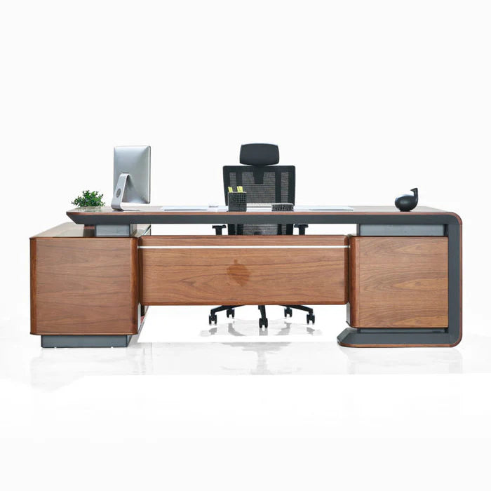 Director and Executive L Shape Office Table Made Teak Wood Structure with Side Unite and Multi Drawers