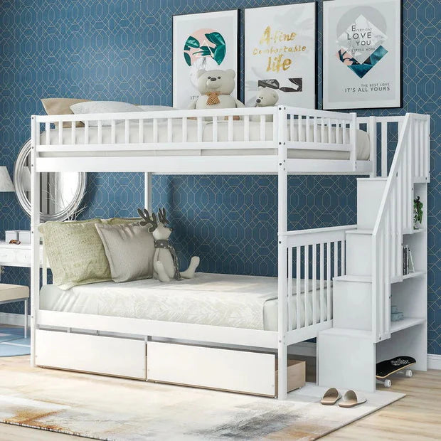 Full over Full Bunk Bed with Storage Shelves and 2 Under Storage Drawers for Kids Room, White