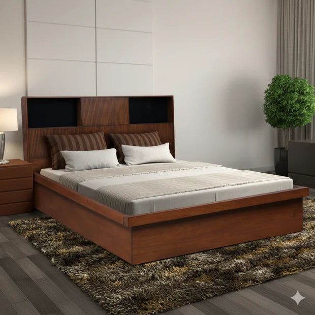 King Size Wooden Bed Solid Wood Frame with Premium Melamine Finish and Storage Strong Load-Bearing Stability
