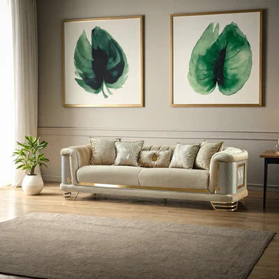 Luxurious 3-Piece Sofa Set Velvet Upholstery, Gold Metal Legs, High-Density Foam, Solid Wood Frame.