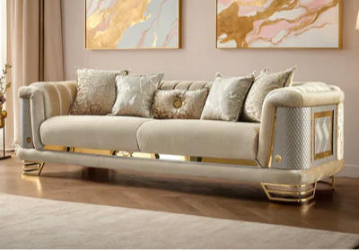 Luxurious 3-Piece Sofa Set Velvet Upholstery, Gold Metal Legs, High-Density Foam, Solid Wood Frame.