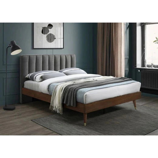 King Size Wooden Bed with Solid Wood Frame, Upholstered Grey Headboard,