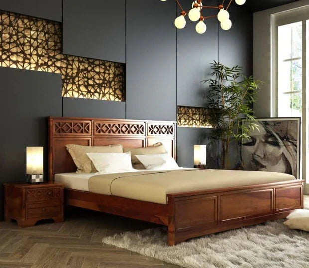 King Size Wooden Bed Solid Wood Frame with Premium Melamine Finish, Premium Craftsmanship for a Sophisticated Touch