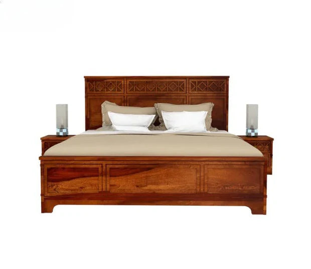 King Size Wooden Bed Solid Wood Frame with Premium Melamine Finish, Premium Craftsmanship for a Sophisticated Touch