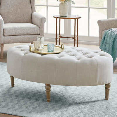 Ottoman in Fabric Upholstery &amp; Wooden Base