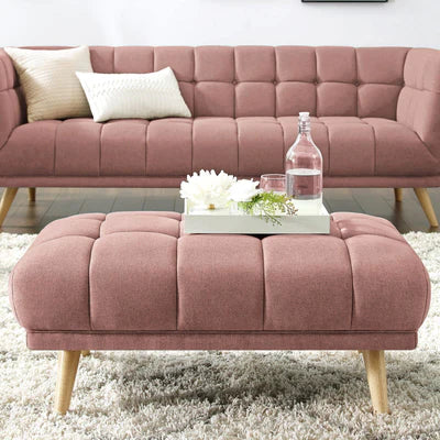 Ottoman in Fabric Upholstery &amp; Wooden Base