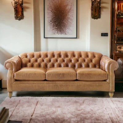 Chesterfield Tufted Sofa in Leatherette Upholstery with Solid Wood Frame and Wooden Legs