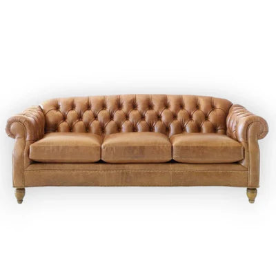 Chesterfield Tufted Sofa in Leatherette Upholstery with Solid Wood Frame and Wooden Legs