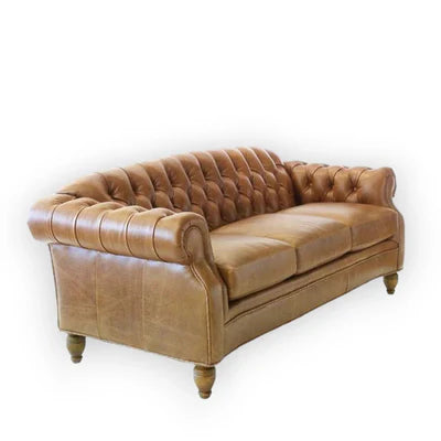 Chesterfield Tufted Sofa in Leatherette Upholstery with Solid Wood Frame and Wooden Legs