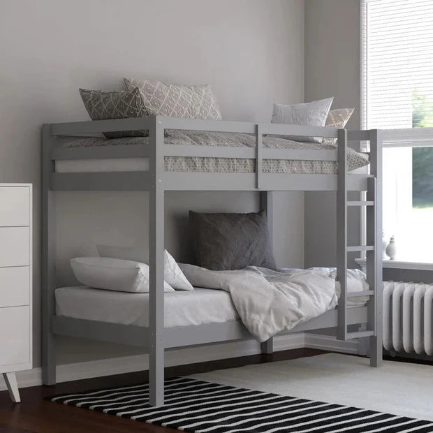 Twin Over Twin Modern Wooden Bunk Bed with Built-In Ladder and Guardrail