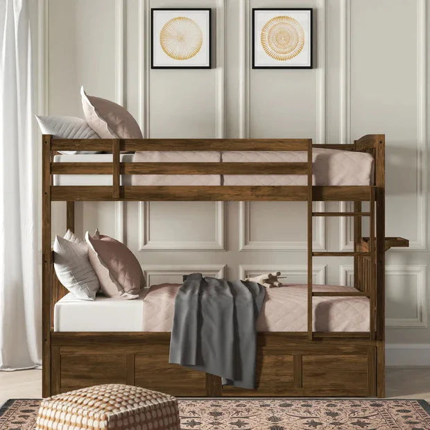 Twin Wood Bunk Bed with Storage Drawers in Walnut Brown