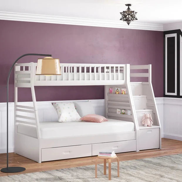 Twin over Twin Staircase Bunk Bed with Twin Size Trundle in White