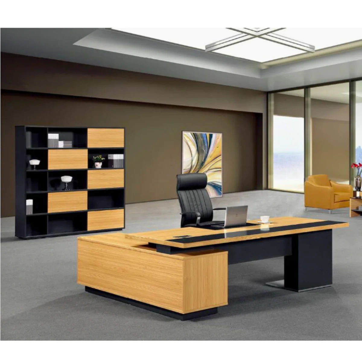 Director and Executive L Shape Office Table Made Particle Board with Side Unite and Openable Shutter and Drawrers
