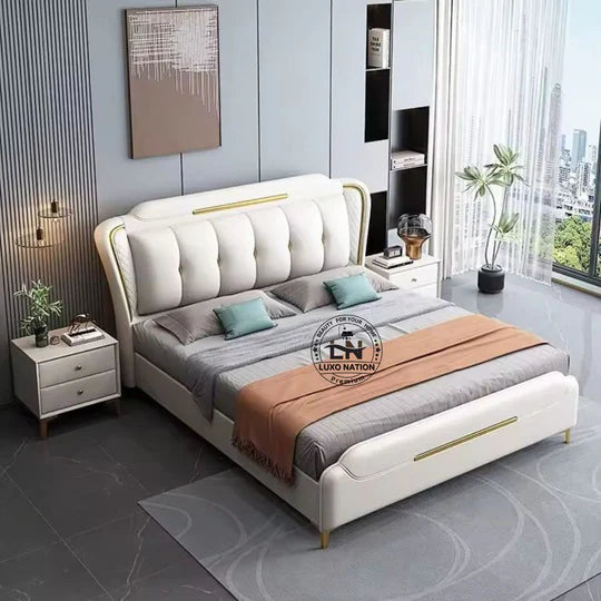 King Size Bed with Upholstered Soft Headboard, Strong Wooden Frame; Storage Options – Luxurious Leatherette Finish;